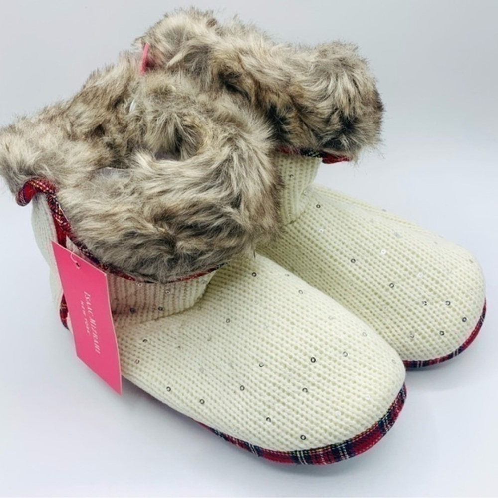 NWT Isaac Mizrahi Faux Fur Slipper Boots Sequin Knit Memory Foam XL 10-11